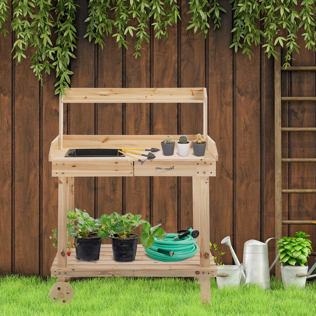 Garden Potting Bench Table with Sink, Drawer & Storage, 92x45x119cm - Natural