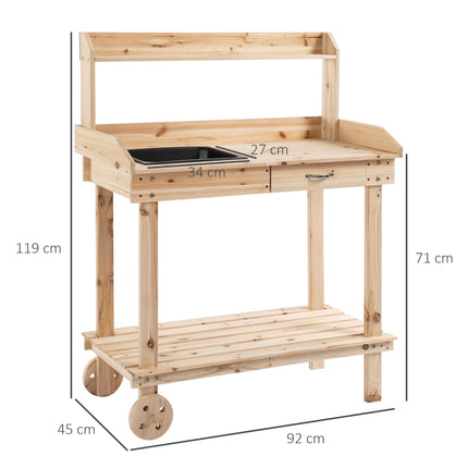 Garden Potting Bench Table with Sink, Drawer & Storage, 92x45x119cm - Natural