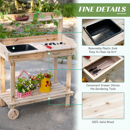 Garden Potting Bench Table with Sink, Drawer & Storage, 92x45x119cm - Natural