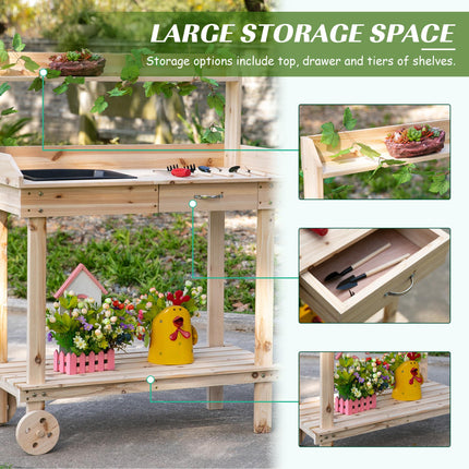 Garden Potting Bench Table with Sink, Drawer & Storage, 92x45x119cm - Natural
