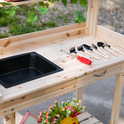 Garden Potting Bench Table with Sink, Drawer & Storage, 92x45x119cm - Natural