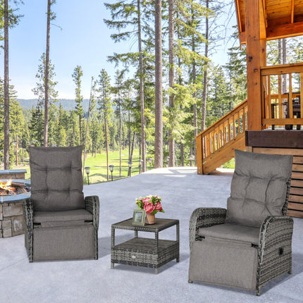 2 Seater Patio Rattan Wicker Reclining Chaise Lounge Sofa Set with Coffee Table and Cushions - Mixed Grey