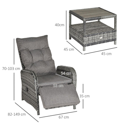2 Seater Patio Rattan Wicker Reclining Chaise Lounge Sofa Set with Coffee Table and Cushions - Mixed Grey