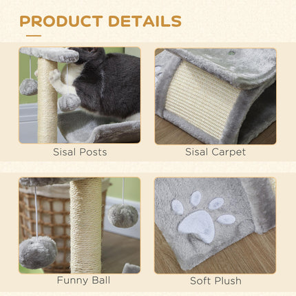 Cat Tree with Sisal Scratching Post, Rotatable Top Bar, Tunnel & Dangling Balls for Kittens - Grey