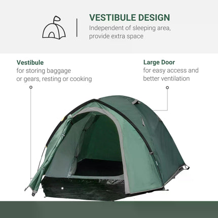 2 Room Dome Camping Tent for 3-4 Person with Weatherproof Vestibule - Green