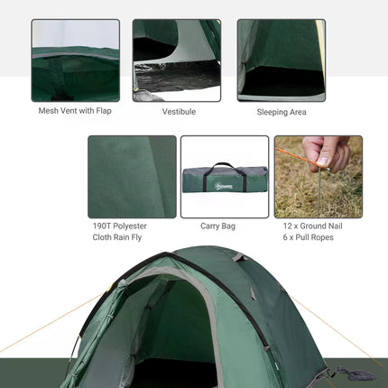 2 Room Dome Camping Tent for 3-4 Person with Weatherproof Vestibule - Green