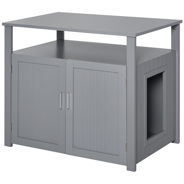 Wooden Cat Litter Box Enclosure with Adjustable Interior Wall & Large Tabletop - Grey