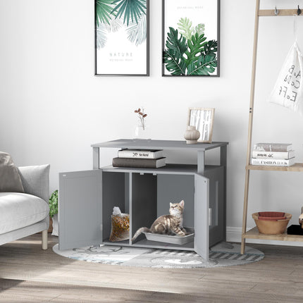 Wooden Cat Litter Box Enclosure with Adjustable Interior Wall & Large Tabletop - Grey