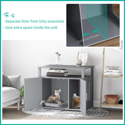 Wooden Cat Litter Box Enclosure with Adjustable Interior Wall & Large Tabletop - Grey