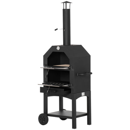Three Tier Outdoor Charcoal Pizza Oven with Thermometer and Wheels - Black