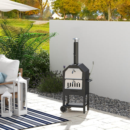 Three Tier Outdoor Charcoal Pizza Oven with Thermometer and Wheels - Black