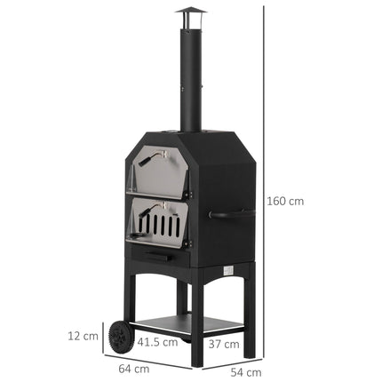 Three Tier Outdoor Charcoal Pizza Oven with Thermometer and Wheels - Black