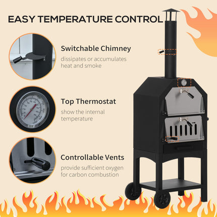 Three Tier Outdoor Charcoal Pizza Oven with Thermometer and Wheels - Black