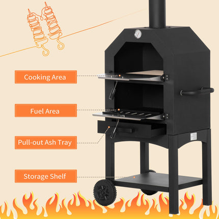 Three Tier Outdoor Charcoal Pizza Oven with Thermometer and Wheels - Black