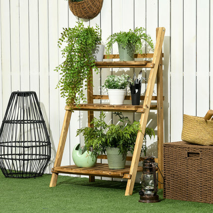 3 Tier Folding Wooden Flower Pot Stand Fir Wood Garden Display Rack - Brown