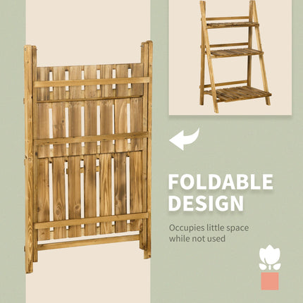 3 Tier Folding Wooden Flower Pot Stand Fir Wood Garden Display Rack - Brown