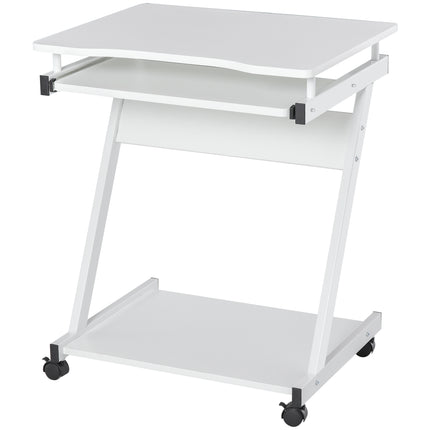 Movable Compact Small Computer Desk with Keyboard Tray and Wheels - White