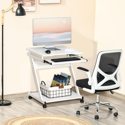 Movable Compact Small Computer Desk with Keyboard Tray and Wheels - White