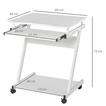 Movable Compact Small Computer Desk with Keyboard Tray and Wheels - White