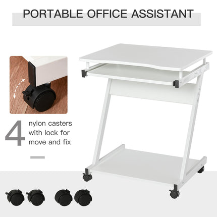 Movable Compact Small Computer Desk with Keyboard Tray and Wheels - White