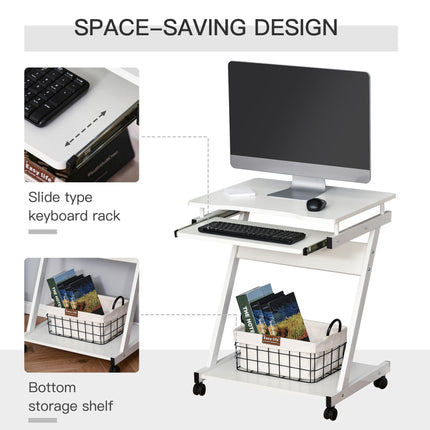 Movable Compact Small Computer Desk with Keyboard Tray and Wheels - White