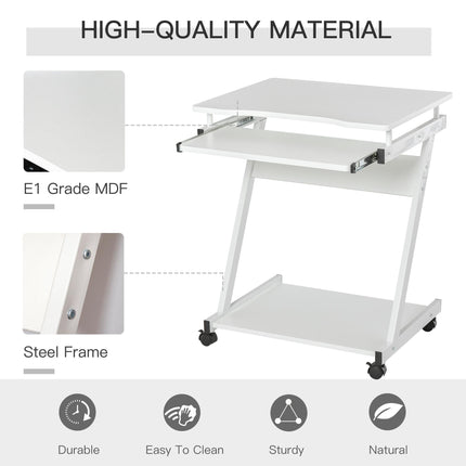 Movable Compact Small Computer Desk with Keyboard Tray and Wheels - White