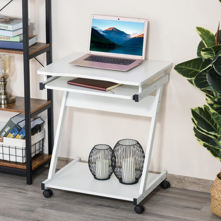 Movable Compact Small Computer Desk with Keyboard Tray and Wheels - White
