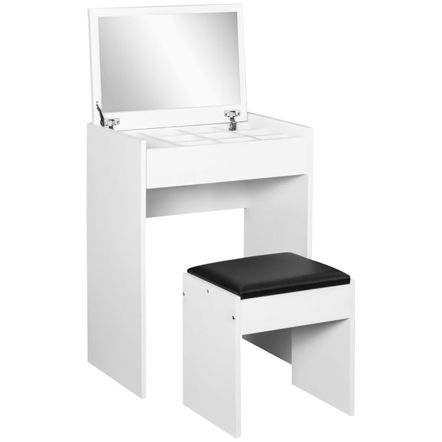 Multi-Purpose Dressing Table Set with Padded Stool and Flip-Up Mirror - White