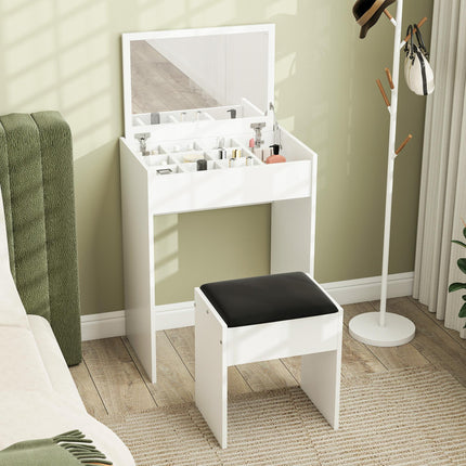 Multi-Purpose Dressing Table Set with Padded Stool and Flip-Up Mirror - White