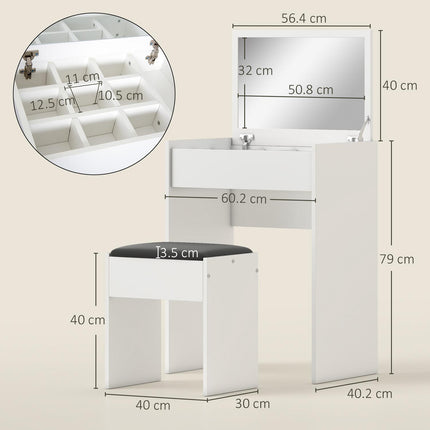 Multi-Purpose Dressing Table Set with Padded Stool and Flip-Up Mirror - White