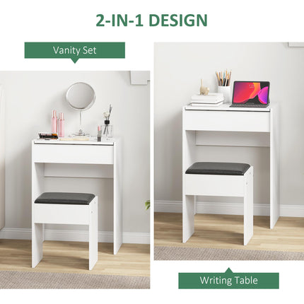Multi-Purpose Dressing Table Set with Padded Stool and Flip-Up Mirror - White