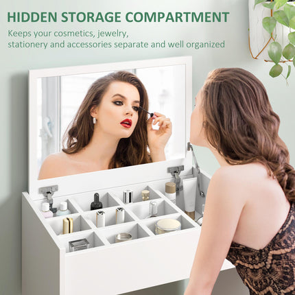 Multi-Purpose Dressing Table Set with Padded Stool and Flip-Up Mirror - White