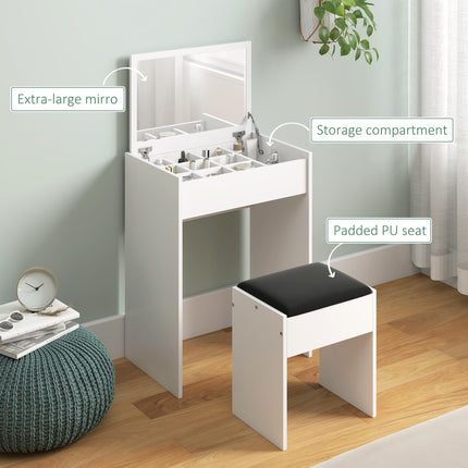 Multi-Purpose Dressing Table Set with Padded Stool and Flip-Up Mirror - White