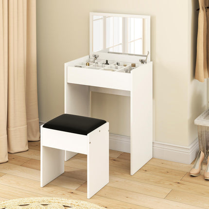 Multi-Purpose Dressing Table Set with Padded Stool and Flip-Up Mirror - White