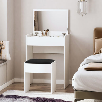 Multi-Purpose Dressing Table Set with Padded Stool and Flip-Up Mirror - White