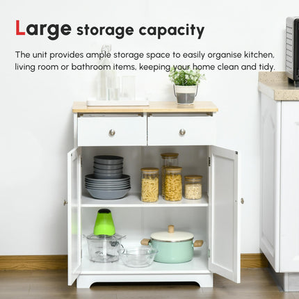 Kitchen Floor Cabinet Sideboard with Solid Wood Top, Adjustable Shelf & Drawer for Dining & Living Room - Nature Wood White