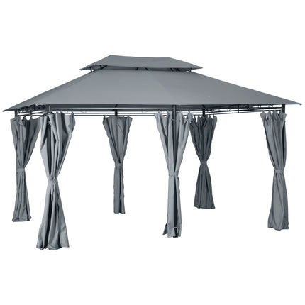 4m x 3m Garden Gazebo Double Roof Canopy with Curtains Solid Steel Frame - Grey