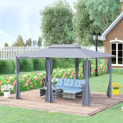 4m x 3m Garden Gazebo Double Roof Canopy with Curtains Solid Steel Frame - Grey