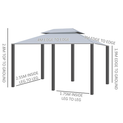 4m x 3m Garden Gazebo Double Roof Canopy with Curtains Solid Steel Frame - Grey