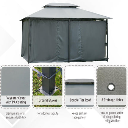 4m x 3m Garden Gazebo Double Roof Canopy with Curtains Solid Steel Frame - Grey