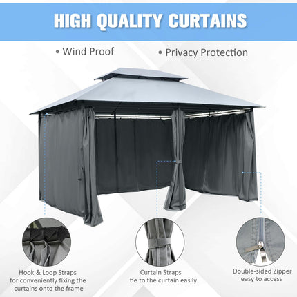 4m x 3m Garden Gazebo Double Roof Canopy with Curtains Solid Steel Frame - Grey