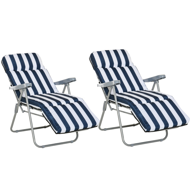 Set of 2 Folding Outdoor Garden Sun Lounger Chairs with Cushions Multi-Position - Blue and White