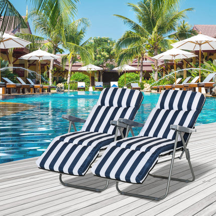 Set of 2 Folding Outdoor Garden Sun Lounger Chairs with Cushions Multi-Position - Blue and White