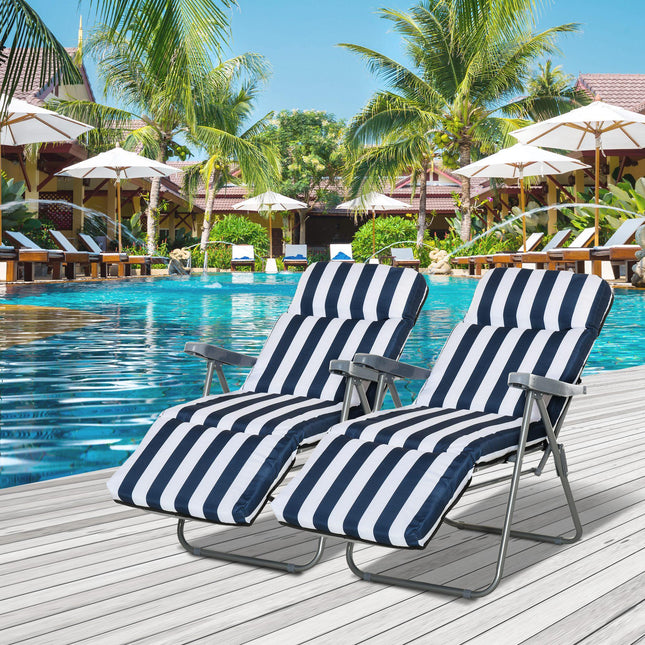 Set of 2 Folding Outdoor Garden Sun Lounger Chairs with Cushions Multi-Position - Blue and White