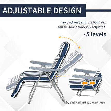 Set of 2 Folding Outdoor Garden Sun Lounger Chairs with Cushions Multi-Position - Blue and White
