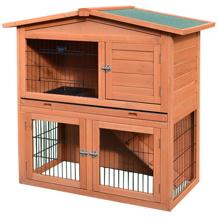 2 Tier Rabbit Hutch with Ramp Slide Out Tray for Guinea Pigs & Ferrets 100.5x55x101 cm - Brown