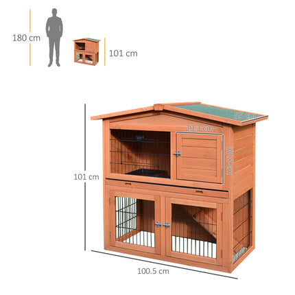 2 Tier Rabbit Hutch with Ramp Slide Out Tray for Guinea Pigs & Ferrets 100.5x55x101 cm - Brown
