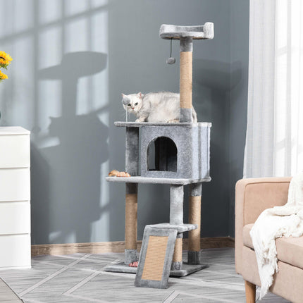 Cat Tree Tower 142cm Kitten Activity Center with Jute Scratching Post and Removable Felt Toy - Grey