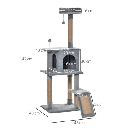 Cat Tree Tower 142cm Kitten Activity Center with Jute Scratching Post and Removable Felt Toy - Grey