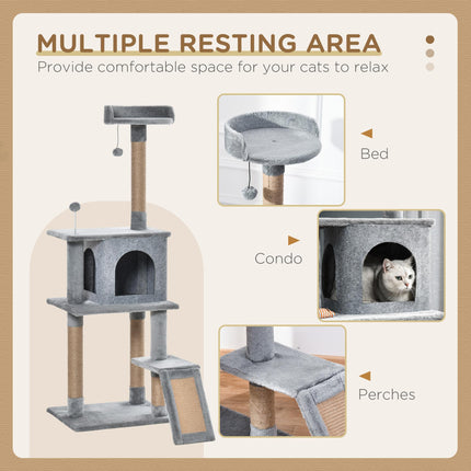 Cat Tree Tower 142cm Kitten Activity Center with Jute Scratching Post and Removable Felt Toy - Grey